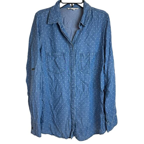 Beach Lunch Lounge Blouse Size Small Blue Denim Tulip Back Roll Tab Sleeves Star - Picture 1 of 9